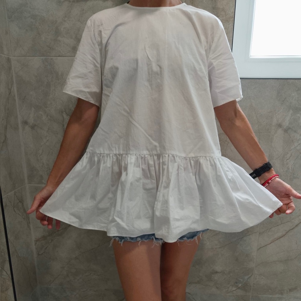 Zara White Ruffled Boxy Short Sleeve Blouse